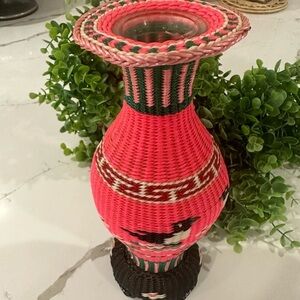 Vintage 1960s Chinese Scoubidou Woven Plastic Covered  Vase Kitsch 10½”tall